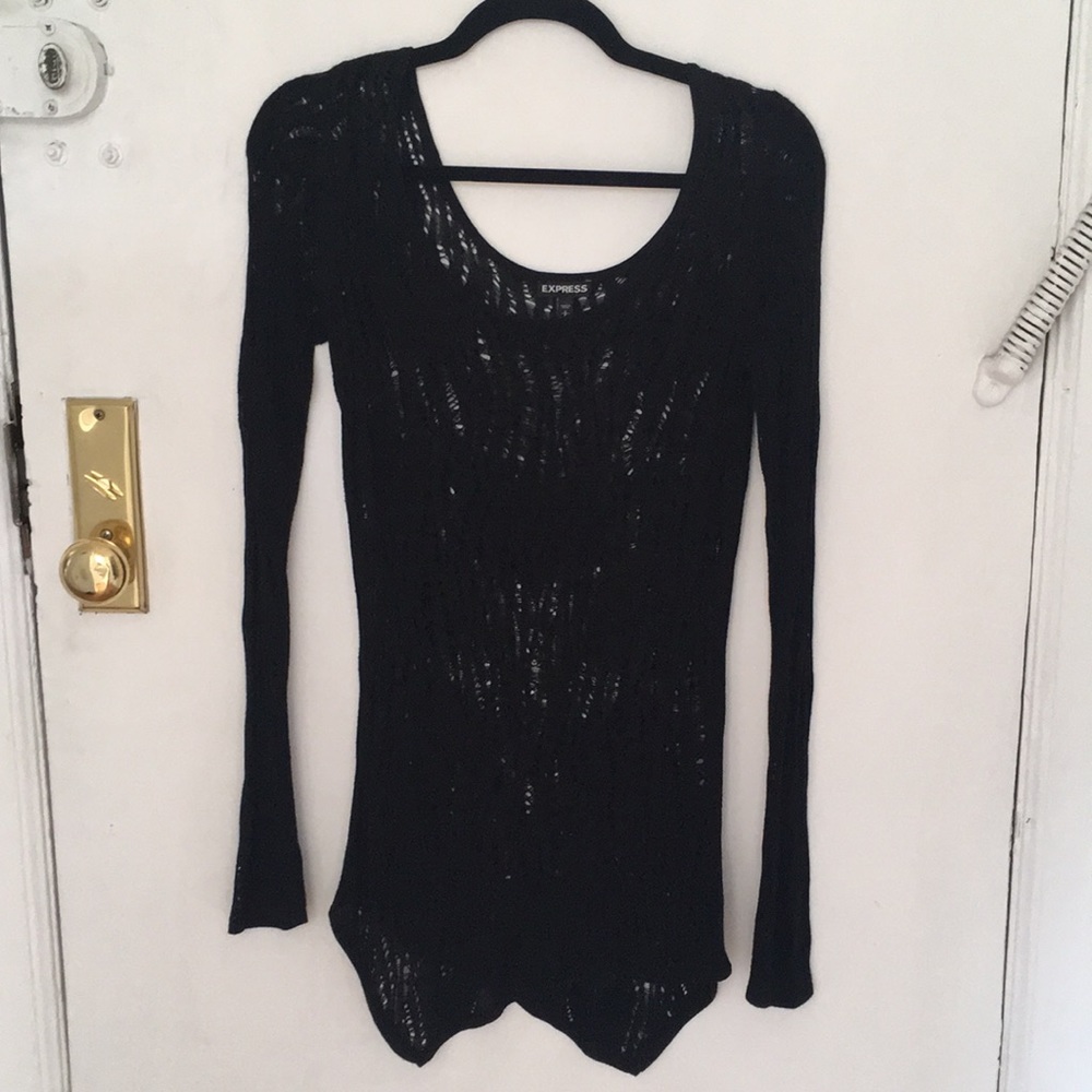 Web-like knit Express sweater w/ asymmetrical hem